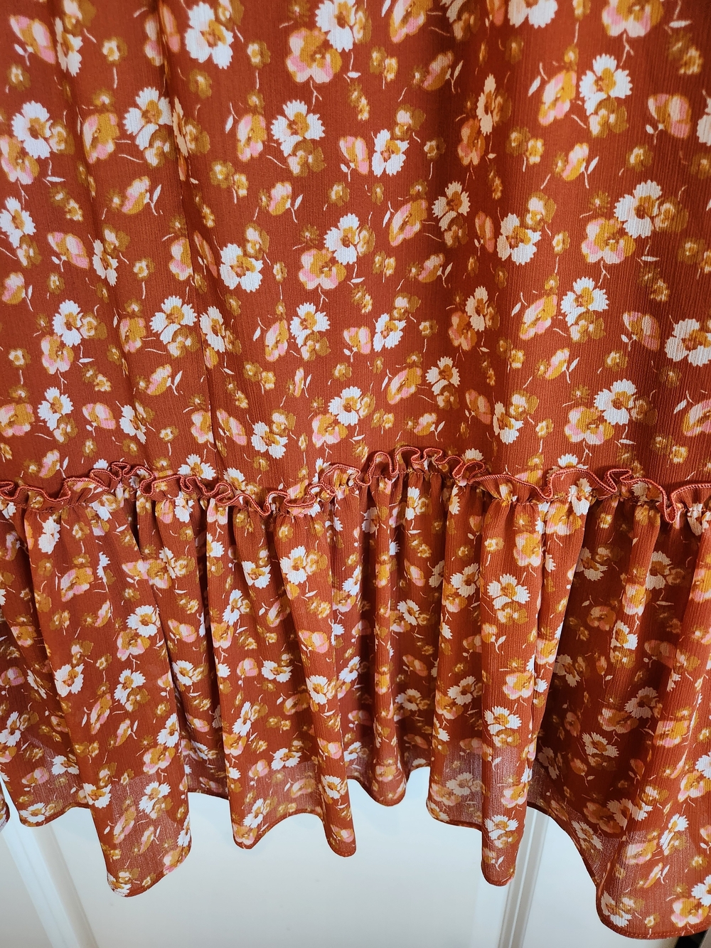J Crew Factory Crinkle Midi Flounce Dress Rust Floral Size XL Cottagecore Ruffle - Picture 9 of 15